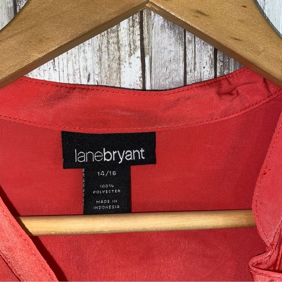 Lane Bryant Peachy Pink Tie Waist Ruffle Hidden Button Down Silky Blouse - Picture 7 of 8